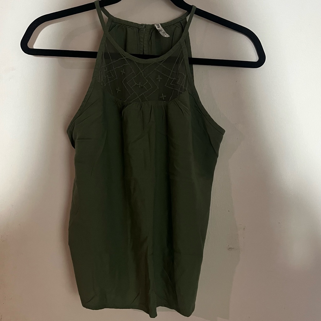 Mudd Tank Top Size Xs High Neck Mesh Lace Khaki Green Womens Rayon Lightweight
